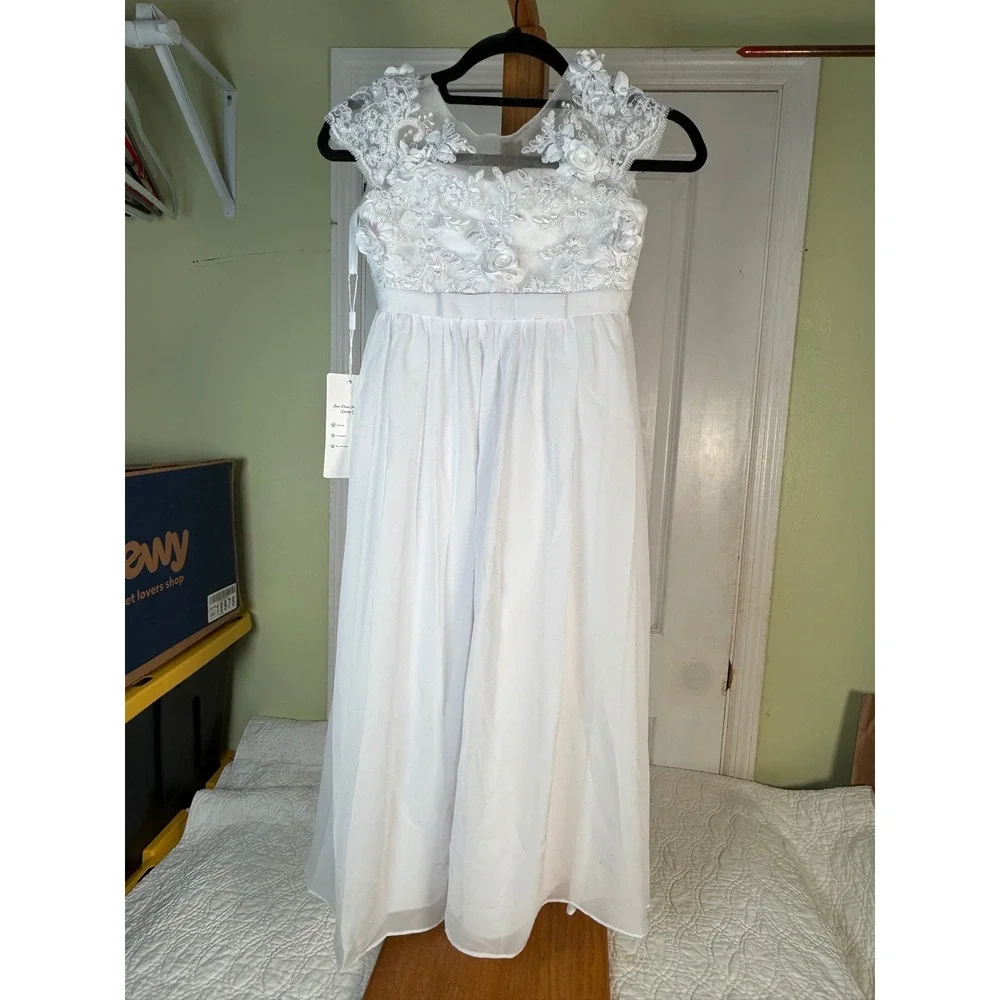 White Lace Flower Girl Dress 3D Floral Pearl Accents Formal Event Size 6